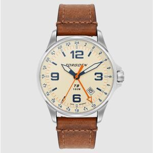 New Torgoen TN-1100 T9 Cream Ibis GMT 42mm Vintage Brown Leather Strap